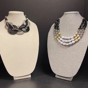2 Vintage Necklaces On Gray Gold Black Triple Strand and Woven